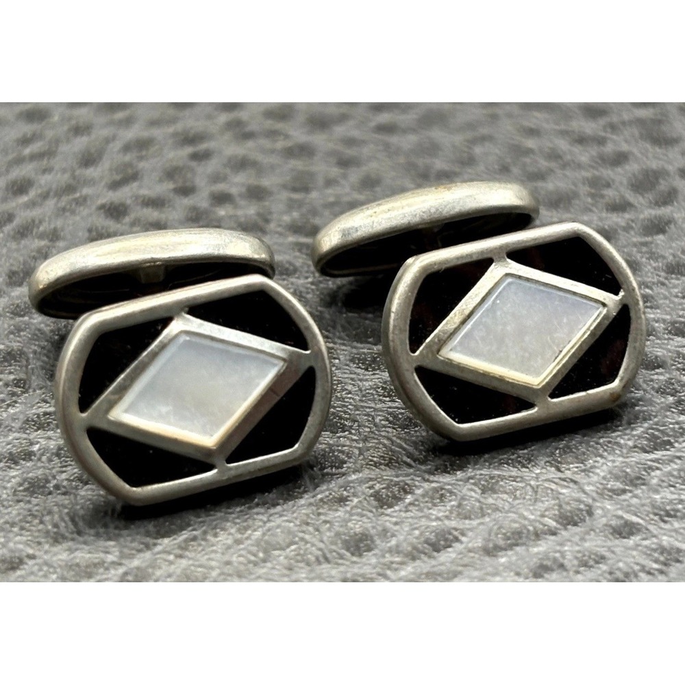 Vintage Art Deco Silver Tone Mother of Pearl Black Enamel Cufflinks